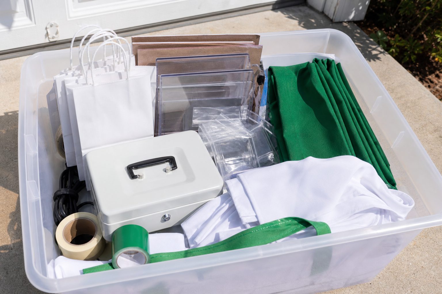 Bin of fundraising booth supplies laid out on a bright driveway in morning light