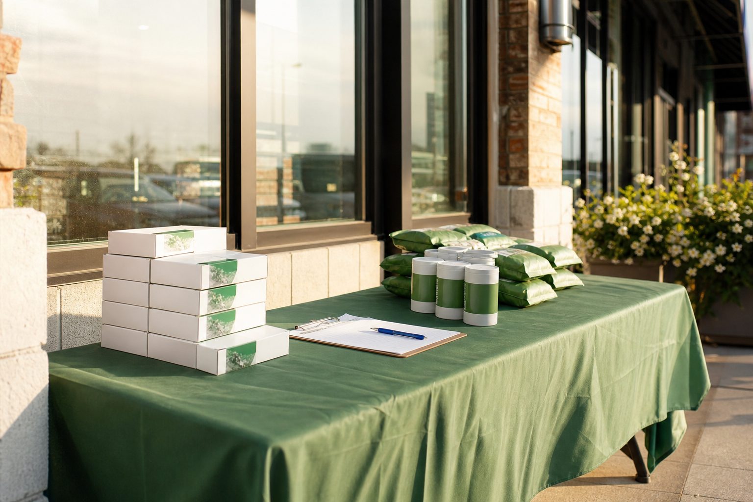Volunteer fundraising booth table set up outside a bright storefront with stacked cases and a clipboard