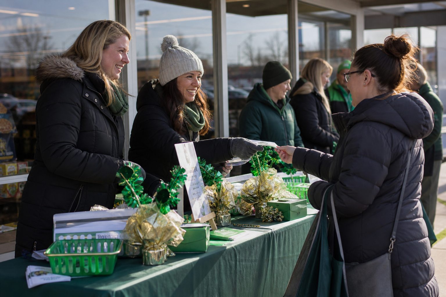 Volunteers running a fundraising booth outside a grocery entrance on a bright cold day