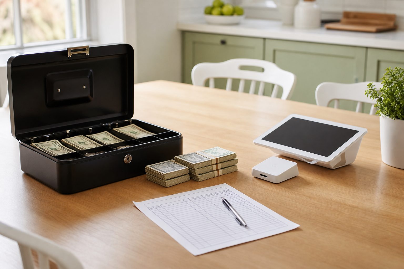 Cash box, card reader and tally sheet arranged on a bright kitchen table