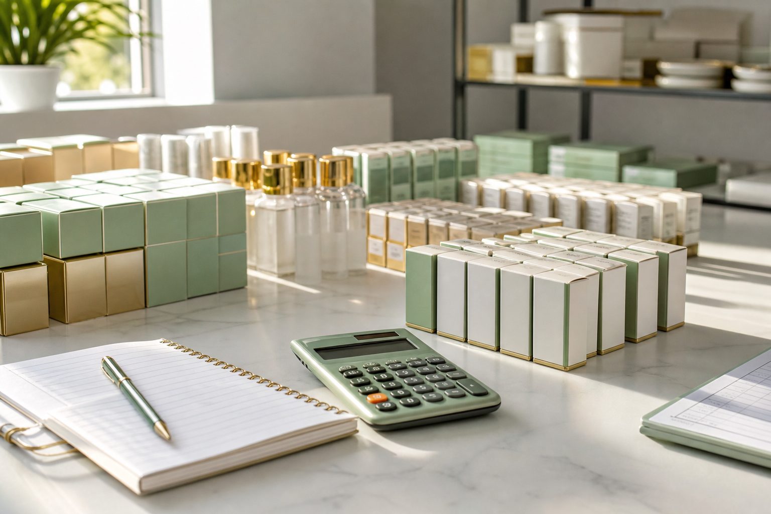 Notebook and calculator beside counted fundraising cases on a bright white table