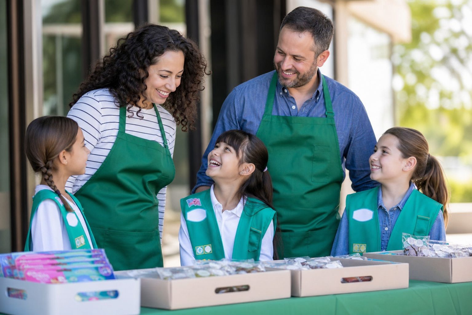 Two adult volunteers supervising young members at an outdoor fundraising table in daylight