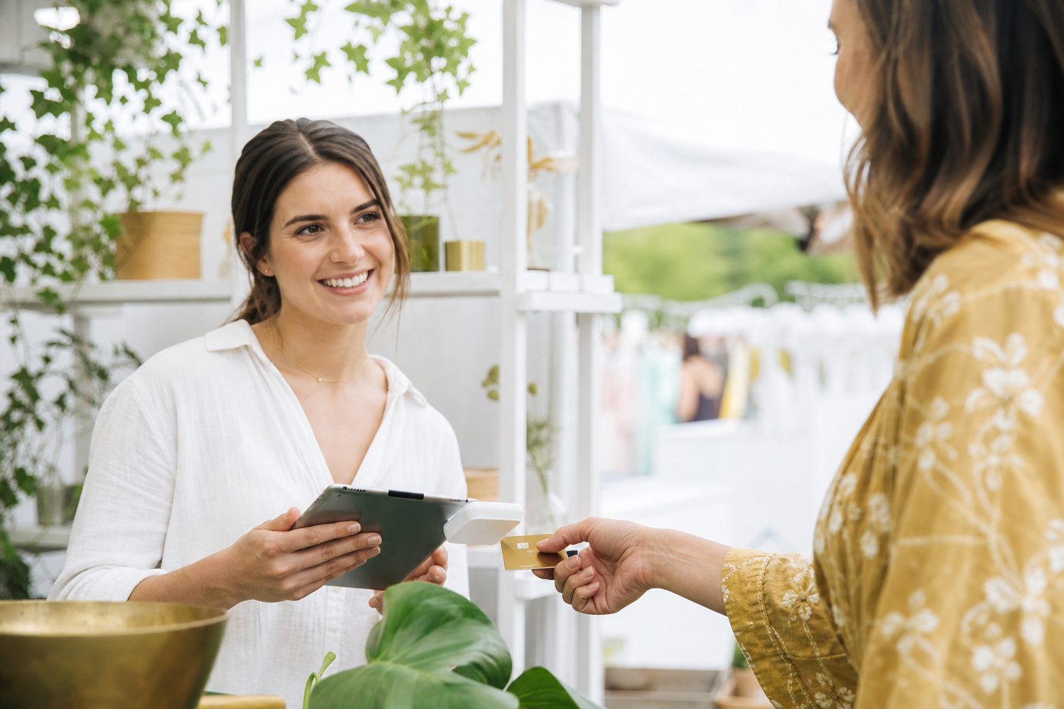 Young member holding a tablet card reader at a bright outdoor fundraising booth