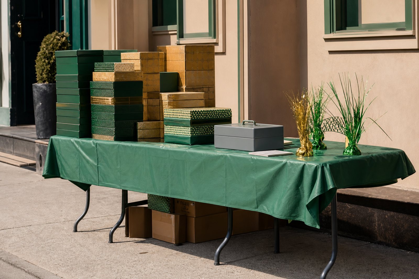 A fundraising booth table set up on a sunny sidewalk with stacked boxes, a cash box and a green tablecloth